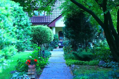 The path to the house is designed among the backyard garden Stock Photos