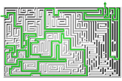 Path labyrinth solution -3D illustration. Иллюстрация