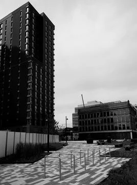 The path leading to a collection of modern office buildings Stock Photos