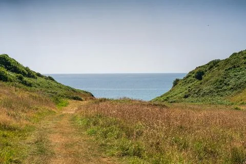 Path leads to sea through parched grass hills in Lansallos Cornwall Фото