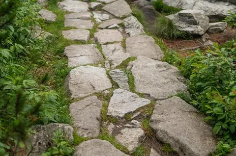 A path lined with large stones of different shapes Stock Photos