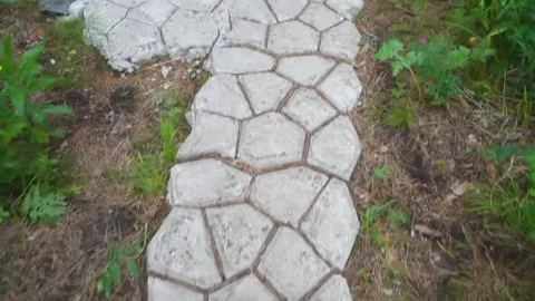 The path is made of stone tiles. A path in a Park or forest. Video in motion. Vídeos de archivo 135211153