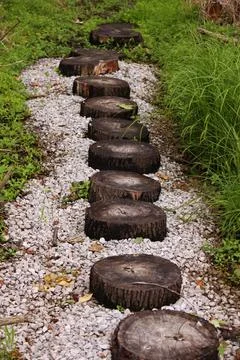 Path Made of Tree Stumps and Gravel Stock Photos