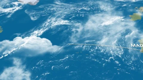 The path on the map that goes through Paris, Madrid and New-York Stock Footage 246538821