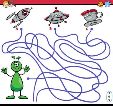 Path maze game with alien Cartoon Illustration of Paths or Maze Puzzle Act... Stock Photos