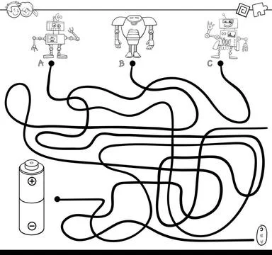 Path maze with robots and battery color book Black and White Cartoon Illus... Stock Photos