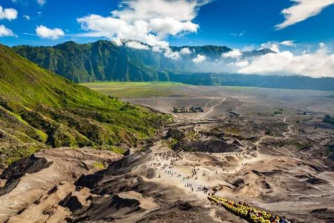 Path to Mount Bromo volcano with crowds of tourists, East Java, Indonesia Stock Photos