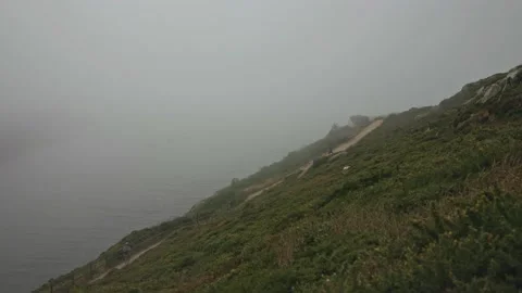 The path on the mountain is covered with green grass, overlooking the ocean in Stock Footage 220766960
