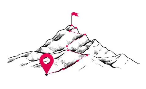 Path to mountain success. Hand drawn progress and achievements concept with Stock Illustration