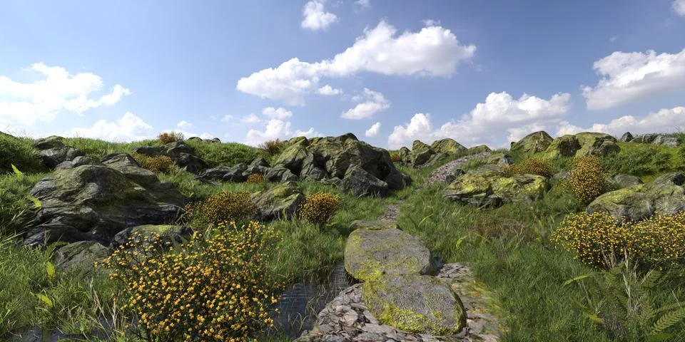 Path in the mountains 3D illustration Stock Illustration