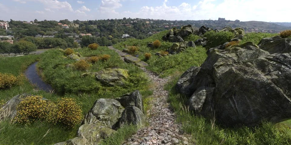 Path in the mountains 3D illustration Stock Illustration