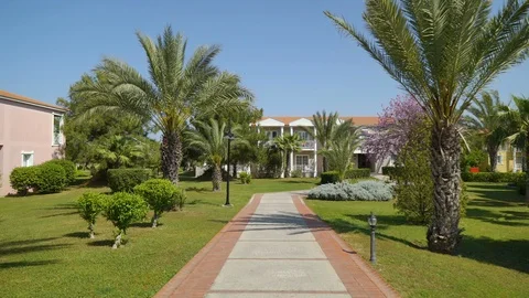 Path in the Park area with palm trees that swaying in the wind in the background Stock-Footage 92153711