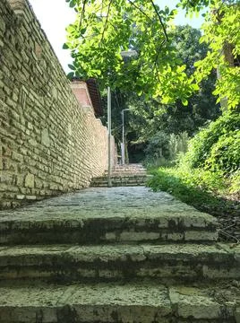 The path in the park is paved with stone. Decorative trail or road in the gar Stock-Fotos