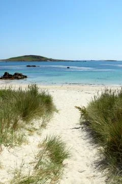 Path to rushy bay beach in bryher, isles of scilly cornwall uk. Stock Photos