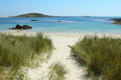 Path to rushy bay beach in bryher, isles of scilly cornwall uk. Photos