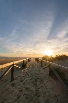 Path on the sand going to the ocean, Tarifa, Spain Stock Photos