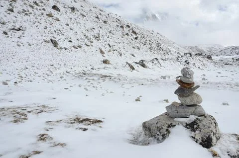 Path sign on everest base camp trek in a haze ,himalayas,nepal,asia Stock Photos