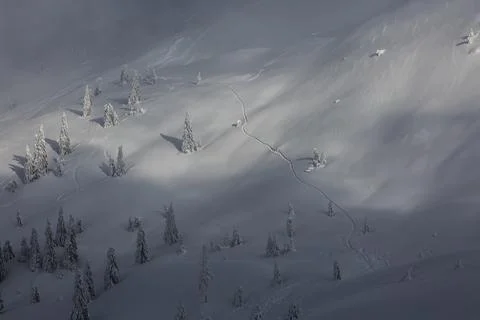 A path in the snow among the winter forest and mountains, top view Stock Photos