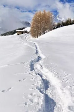 Path in the snowy mountain Stock Photos