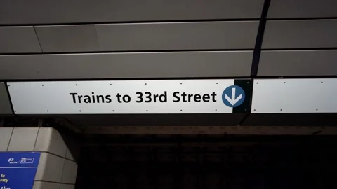 PATH Station, Sign: Trains to 33rd Street. Public transport station in NYC Stock Footage 199993036
