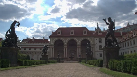 A path with statues on the sides leading to the magnificent Waldstein complex Stock Footage 112650540