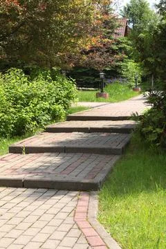 Path with steps in park made of tiles. Green trees and bushes in summer on sunny Stock Photos