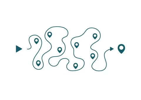 Path with stops, road way in goal. Route map. Travel scheme, trip planning. S Illustrazione stock