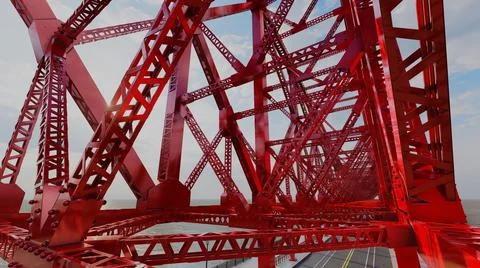 Path on the structural red bridge on a sunny day a little cloudy 스톡 사진