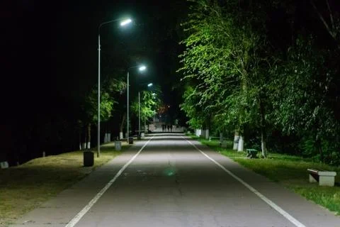 Path through city park at night with street lamps Stock Photos
