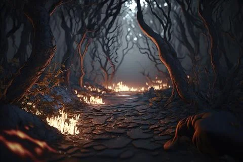 A path through a dark forest with a fire in the middle of it and trees on e.. Illustrazione stock