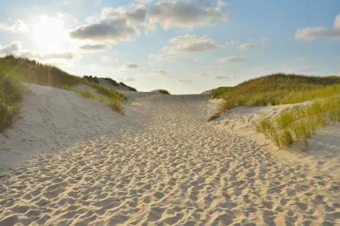 Path through the Dunes to the Beach with Sun, Summer, Norderney, East Frisia Stock Photos