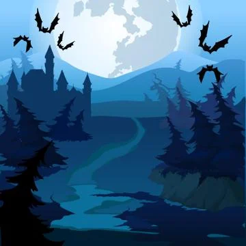 The path through the enchanted forest at night. Vector cartoon close-up Illustrazione stock