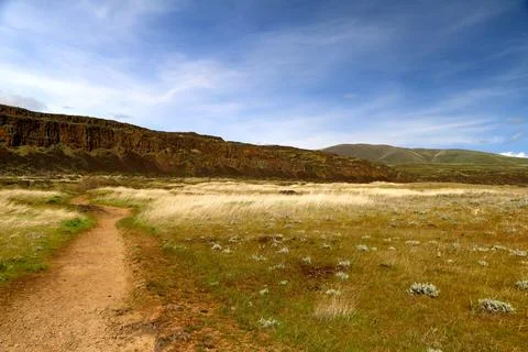 A path through a grassy high desert landscape with distant cliffs and blue sky Stock Photos