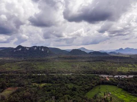 Path through the green forest and countryside of Thailand, Top view aerial ph 写真素材