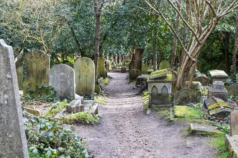 Path through historic Highgate Cemetery in London Stock Photos