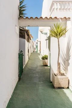 Path through a living area between white houses Stock Photos