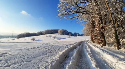 Path through snowy winter nature landscape. Beautiful snow-covered tree winter Stock Photos