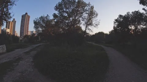 Path Through the Woods with Benidorm Skyscrapers in Background Stock Footage 331468209