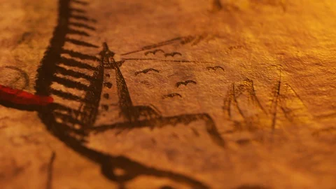 Path to a treasure on a cartoon map in a tavern warmly lit by candles. 4KHD Stock Footage 110088423