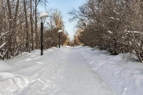 A path with white snow and a group of black and white street lighting lantern Stock Photos