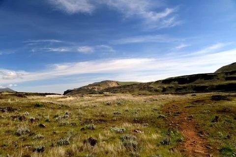 A path winding through a grassy high desert landscape with hills in the distance Stock Photos