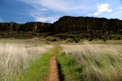 A path winding through a grassy high desert landscape with cliffs and blue sky Stock Photos