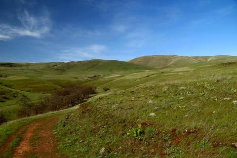 A path winding through green grassy hills with a blue sky above Stock Photos