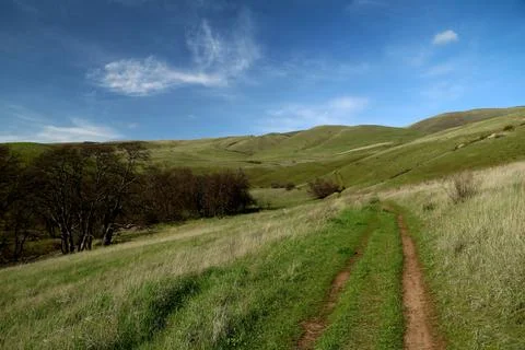A path winding through green grassy hills with a blue sky above Stock Photos