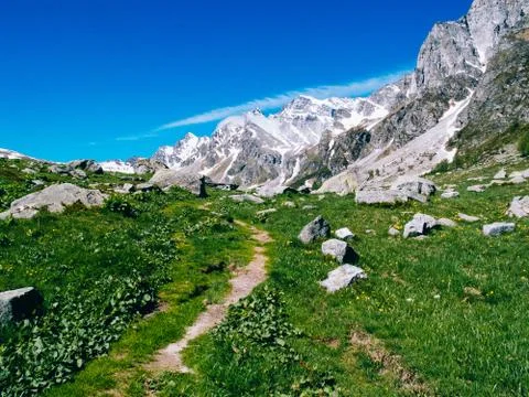 Path that winds through the alpine meadows of Alpe devero, Alpi Lepontine, su Foto stock