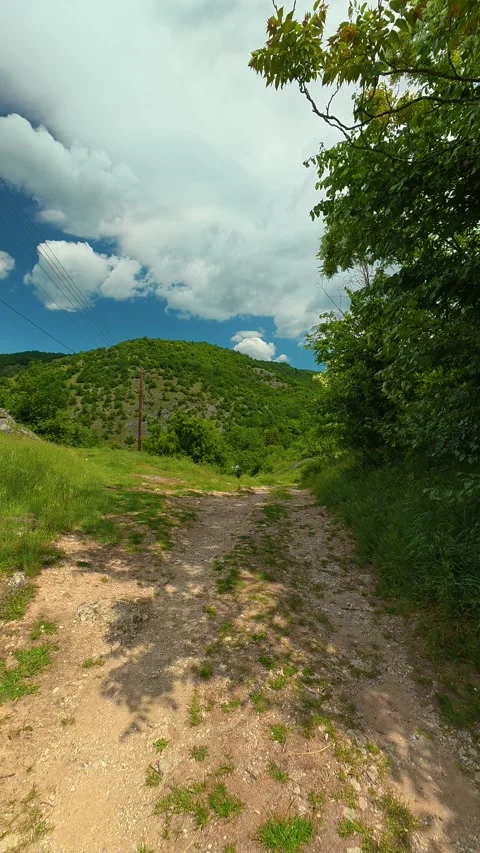 Path winds through green hills under a bright sky. Vrmdza Lake, Serbia. Vertical Vídeos de archivo 338029000