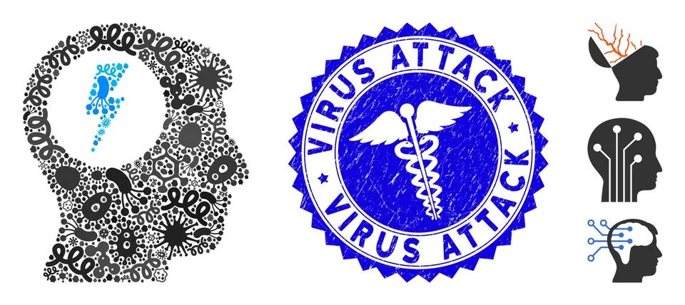Pathogen Collage Brain Electric Shock Icon with Caduceus Grunge Virus Attack Stock Illustration