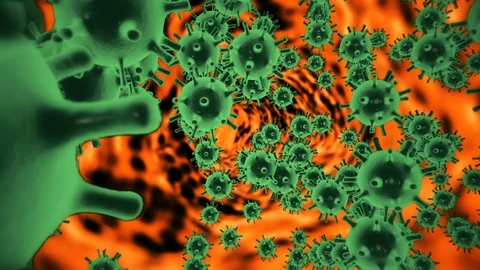 Pathogen of coronavirus 2019-nCov inside infected organism presented as blue Stock Footage 128838427