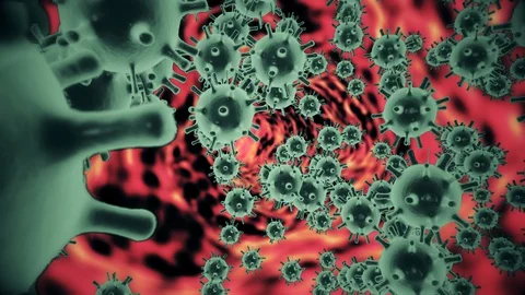 Pathogen of coronavirus 2019-nCov inside infected organism illustrated as yellow Stock Footage 128838739