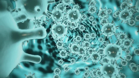 Pathogen of covid19 coronavirus inside infected organism. Virus under microscope Stock Footage 130038634